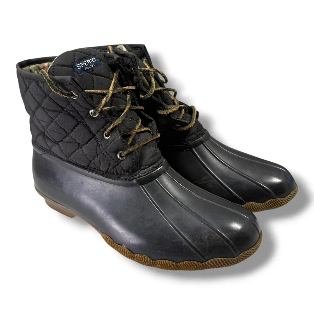 Sperry Saltwater Black Quilted Duck Boots Waterproof Ankle STS94063 Womens 9 M